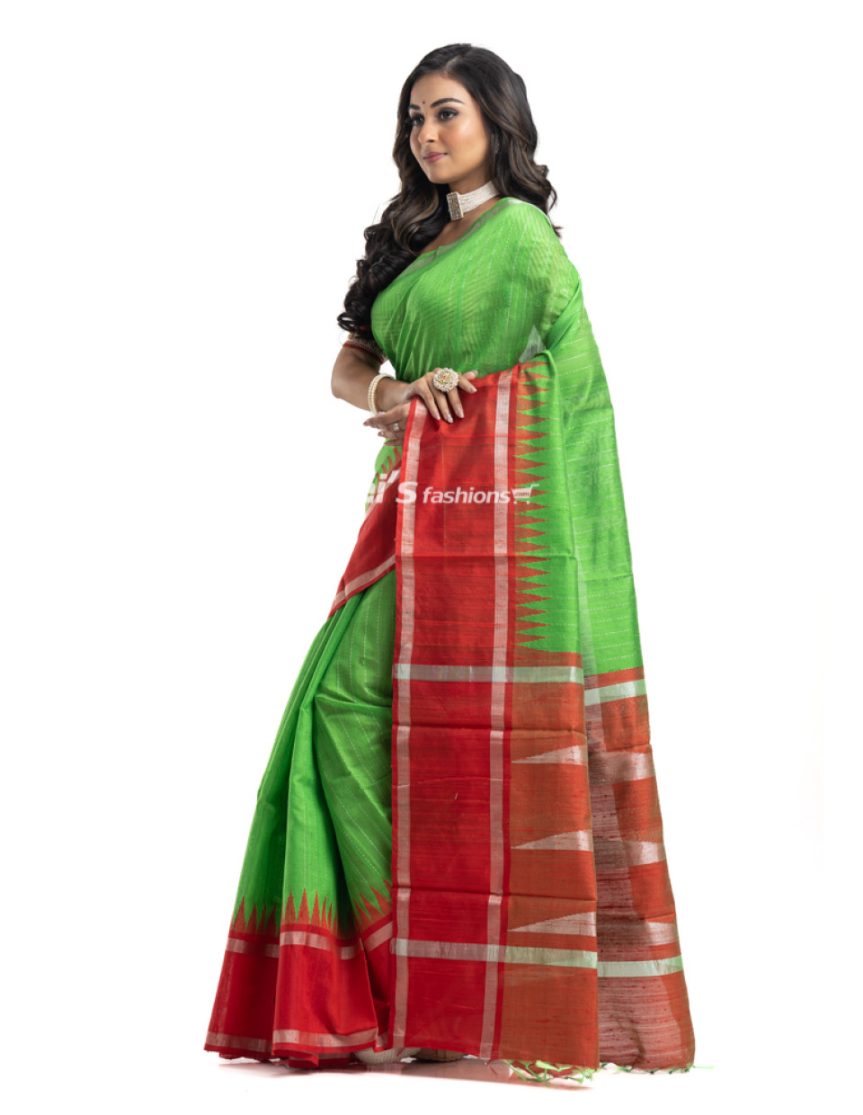 Gachi Tussar Silk Saree With All Over Self Weaving Stripes And Contrast Color Border And Pallu - Also Border Section Has Temple Work (KR2211)